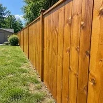Cedar privacy fence newly stained a honey tone