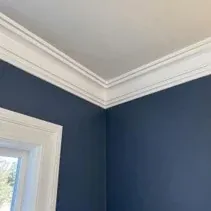 Crown moulding painted white against a coloured wall